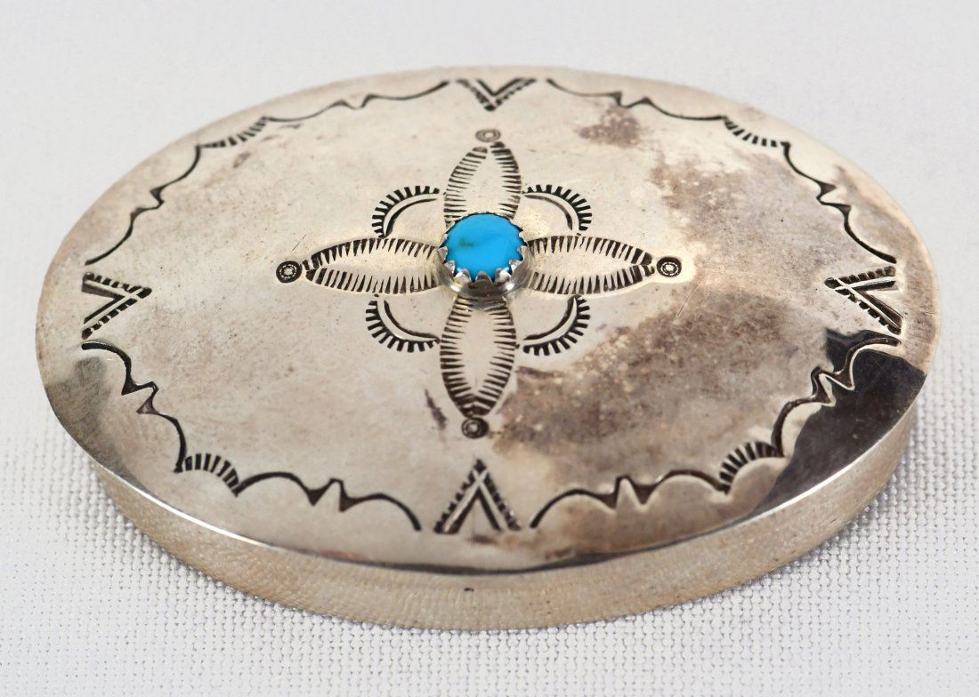 Jeffery Castillo Sterling Silver Pill Box w/Turquoise: Sterling Silver| Jeffery Castillo Sterling Silver Pill Box w/Turquoise| Genuine Turquoise| Measures 2"Long x 1.75" Wide x 1/2" Tall| Signed on the inside bottom| Has Hinge Opening| Weighs 16.7 Grams|