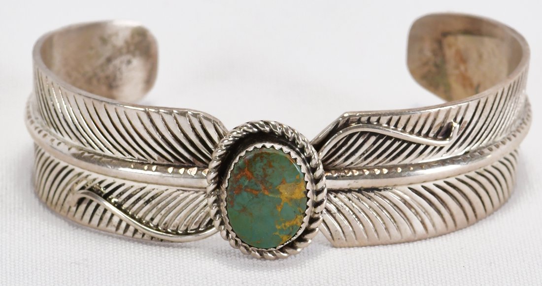 Native American Sterling Feather Cuff with Royston Turquoise (1 of 3)