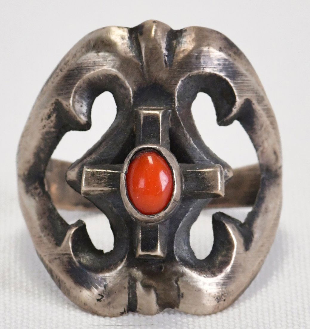 Native American Sterling Cross Ring w/Mediterranean Coral (1 of 4)
