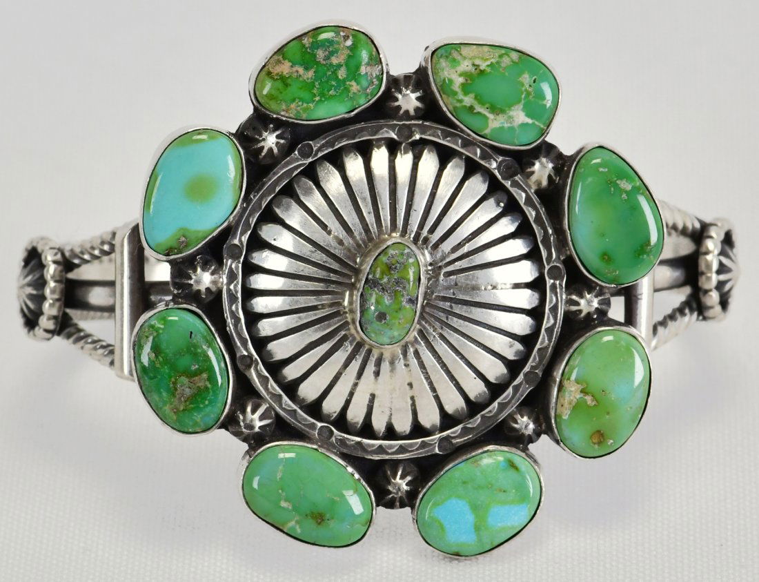 Harry Yazzie Sterling Silver Royston Turquoise Concho Bracelet (1 of 4)