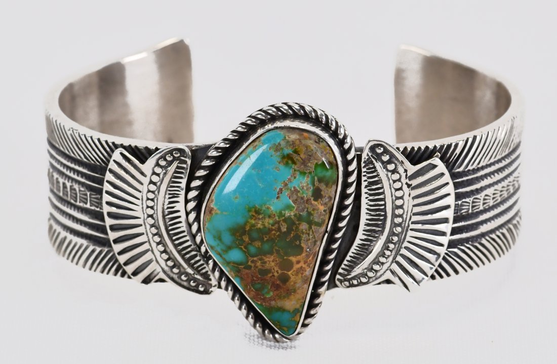 Garrett Hale Sterling Silver Royston Turquoise Cuff Bracelet: Sterling Silver| Garrett Hale Sterling Silver Royston Turquoise Cuff Bracelet| Genuine Royston Turquoise| Inside measures 6" plus a gap of 1" - Total 7"| Face Width 1.5"| Signed| Weighs 83.7 Grams| Na