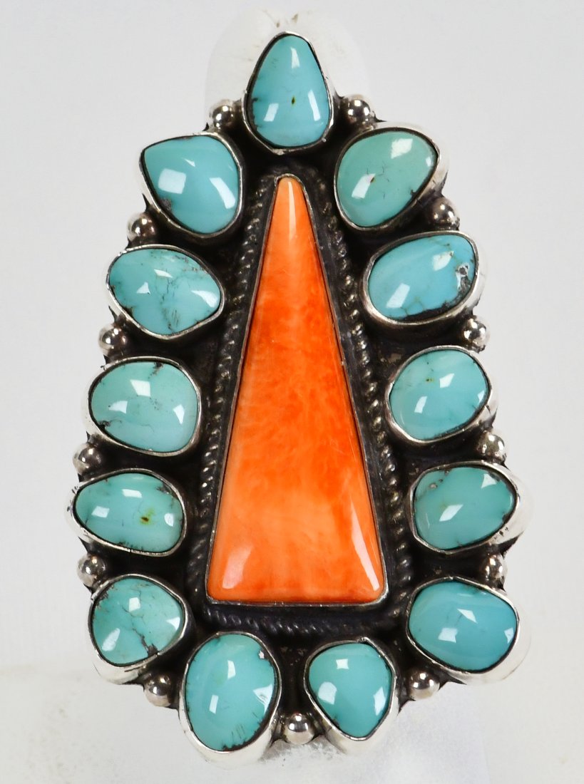 Dean Brown Sterling Silver Spiny Oyster & Turquoise Ring: Sterling Silver| Dean Brown Sterling Silver Spiny Oyster and Turquoise Ring| Genuine Spiny Oyster, Genuine Turquoise| Measures 2" Long x 1.25" Wide| Hallmarked "DB"| Weighs 18.7 Grams| Size 8.5| Nativ