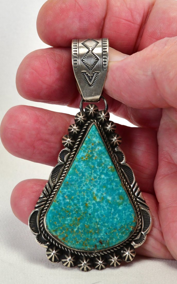 Rick Werito Sterling Silver Kingman Birdseye Turquoise Pendant: Pendant Only - Sterling Silver| Rick Wenito Sterling Silver Kingman Birdseye Turquoise Pendant| Genuine Birdseye Turquoise| Measures 3.75" x 2"| Signed| Weighs 40 Grams| Native American, Navajo, South