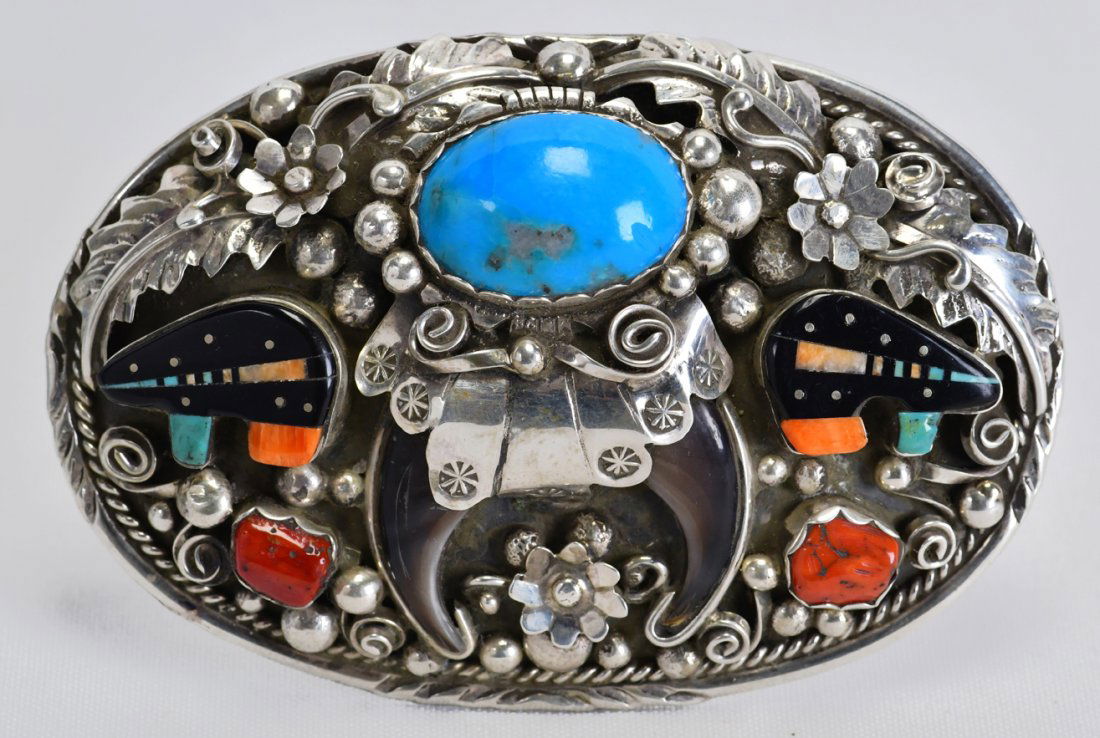 Navajo Sterling  Multi-Stone Bear Claw Belt Buckle w/Candelaria Turquoise (1 of 4)
