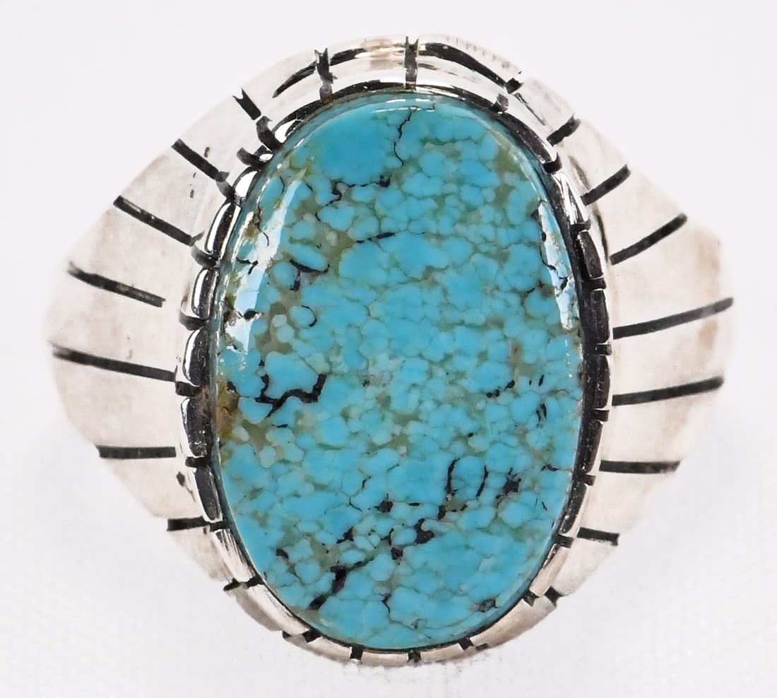 Ray Jack Sterling Silver Number 8 Turquoise Men's Ring: Sterling Silver| Ray Jack Sterling Silver Number 8 Turquoise Men's Ring| Genuine Number 8 Turquoise| Measures 3/4" Long x 1/2" Wide| Hallmarked "R"| Weighs 11.7 Grams| Size 11.5| Native American, Nava