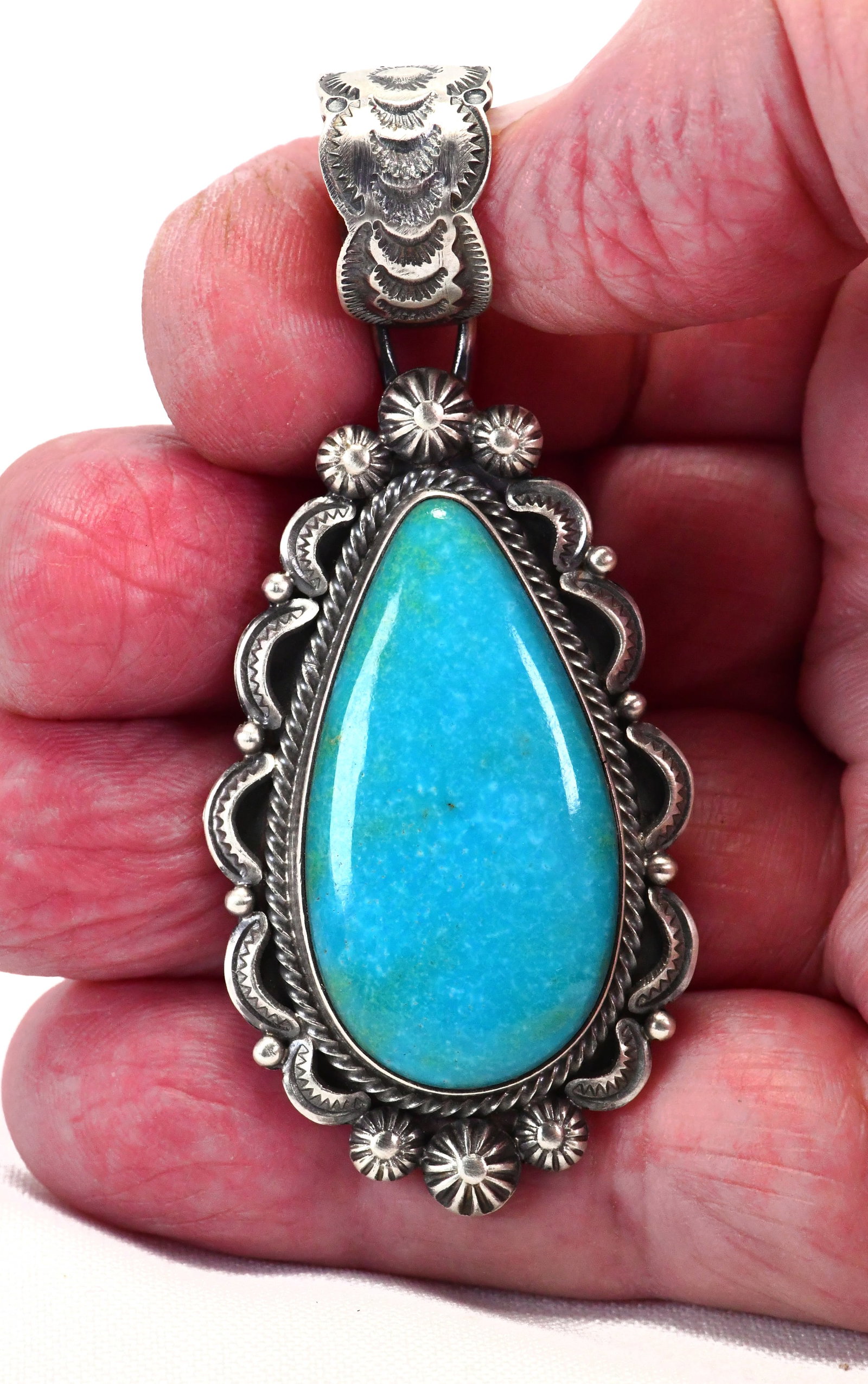Bennie Ramon Sterling Silver Blue Ridge Turquoise Tear Drop Pendant: Pendant Only - Sterling Silver| Bennie Ramon Sterling Silver Blue Ridge Turquoise Tear Drop Pendant| Genuine Blue Ridge Turquoise| Measures 3.25" Long x 1 3/8" Wide| Hallmarked| Weighs 29.5 Grams| Nat