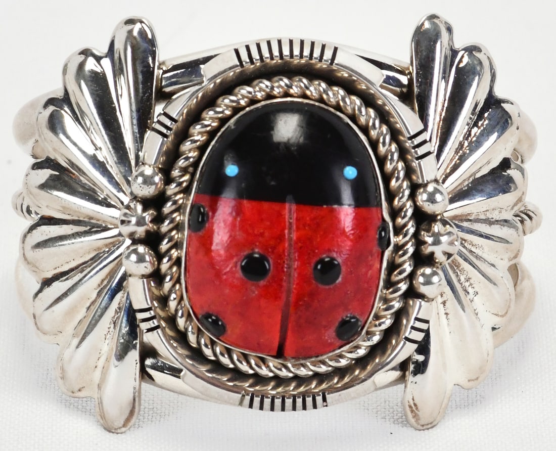 Joelias Draper Sterling Ladybug Coral and Jet Cuff Bracelet: Sterling Silver| Joelias Draper Sterling Silver Apple Coral, Turquoise and Jet Ladybug Cuff Bracelet| Genuine Apple Coral, Jet and Turquoise| Inside measures 5.5" plus a gap of 1" - Total 6.5"| Face W