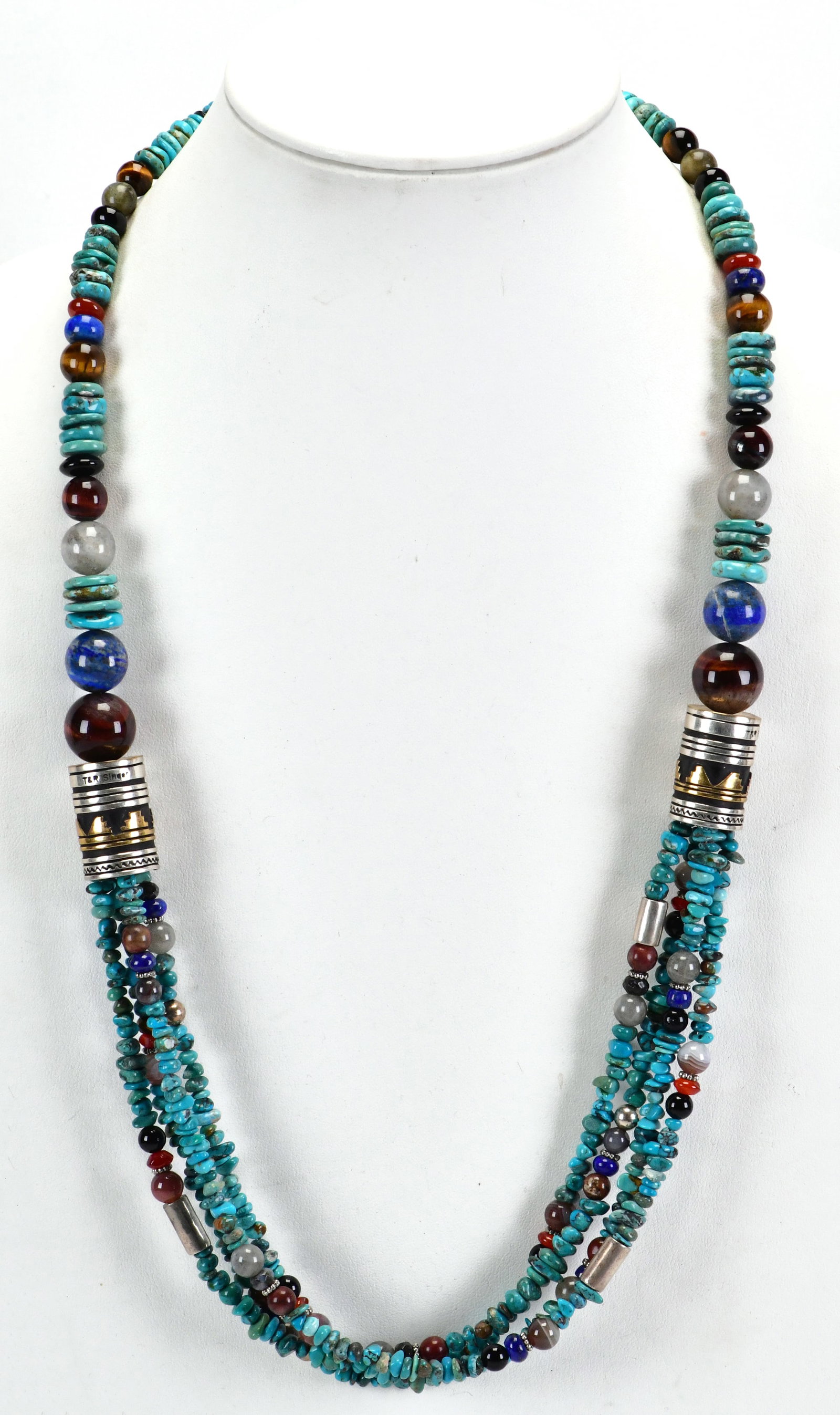 Tommy & Roseta Singer Sterling Silver Turquoise & Multi-Stone Necklace: Sterling Silver Tommy & Roseta Singer Sterling Silver Turquoise & Multi-Stone Necklace| Genuine Turquoise, Lapis, Onyx, Pipestone, Tiger Eye and More| Measure 28" in length| Has Signature Sterling and