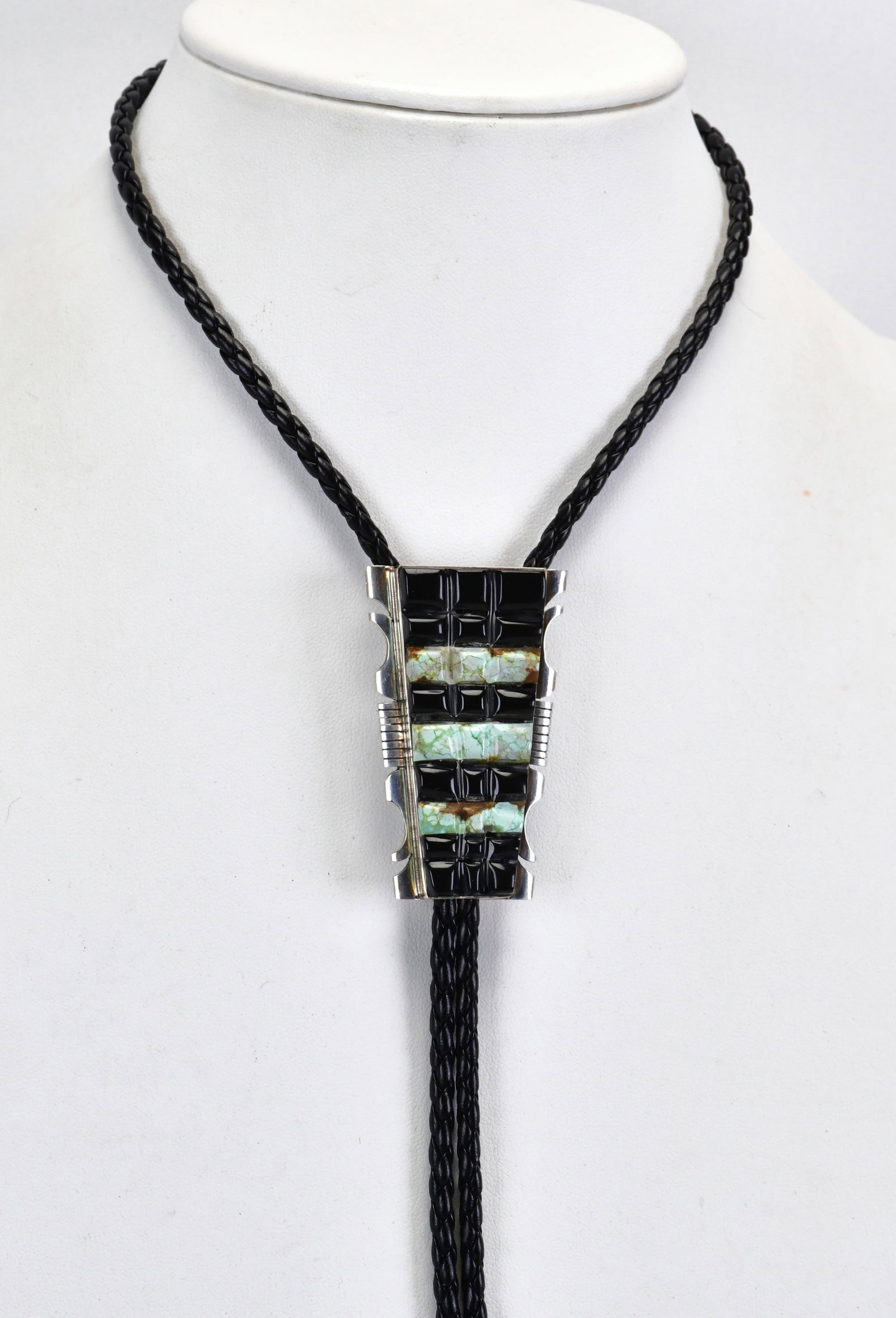 Steve Francisco Sterling Black Jet and Variscite Bolo Tie: Sterling Silver| Steve Francisco Sterling Silver Black Jet and Variscite Inlay Bolo Tie| Genuine Black Jet, Genuine Variscite| Measures Approx. 42" Long| Slide measures 2.25" Long x 1.5" Wide| Hallmar