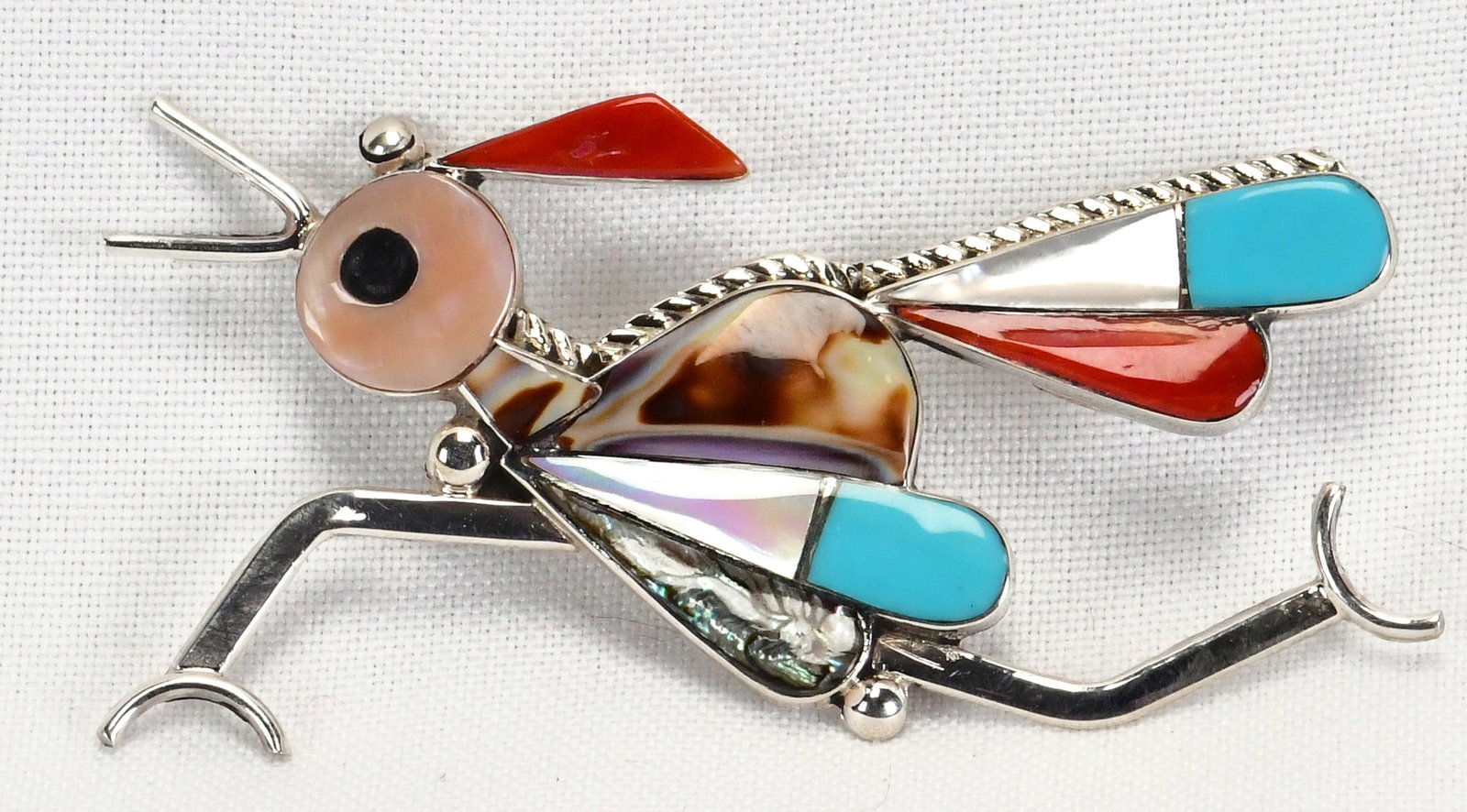 Zuni Sterling Silver Multi-Stone Inlay Pin/Pendant: Pin/Pendant Only - Sterling Silver| Zuni Sterling Silver Multi-Stone Inlay Pin/Pendant| Genuine Turquoise, Coral, Jet and Mother Of Pearl| Measures 1.5" Tall x 2.75" Long| Hand Signed in Script| Has P