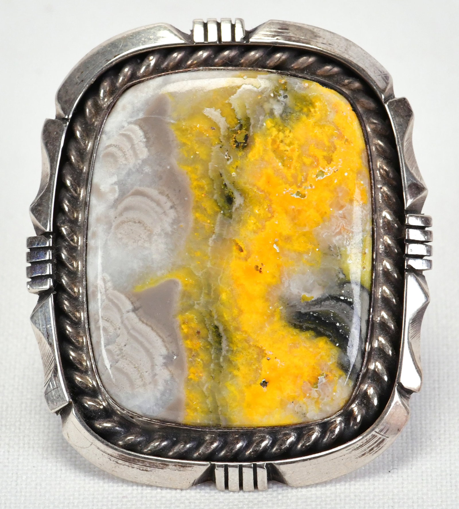 Eddie Secatero Sterling Silver Bumble Bee Jasper Large Ring: Sterling Silver| Eddie Secatero Sterling Silver Bumble Bee Jasper Large Ring| Genuine Bumble Bee Jasper| Measures 2" Long x 1.5" Wide| Hallmarked "ES"| Weighs 37.5 Grams| Size 8.5| Native American, Na