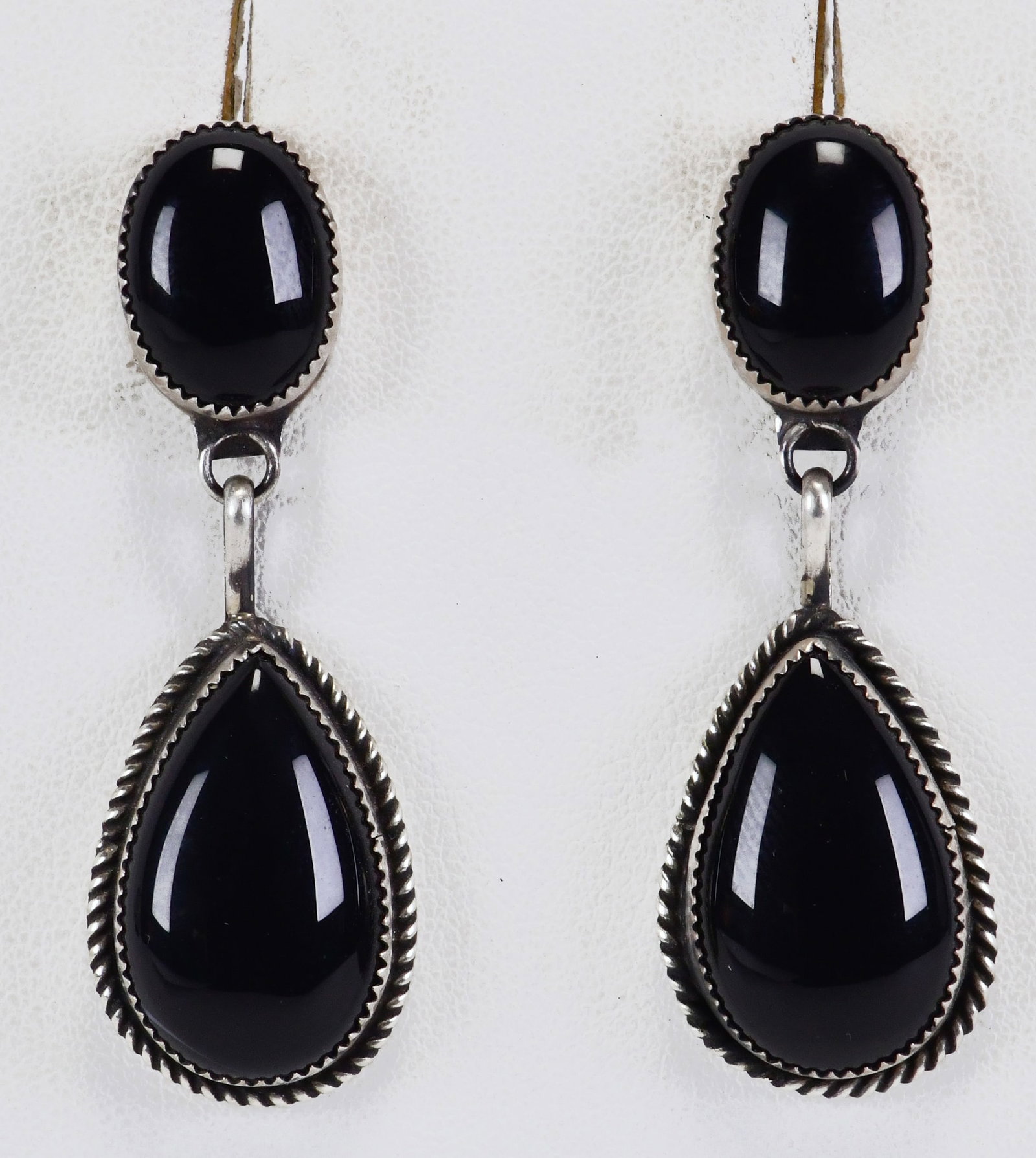 Judith Dixon Sterling Silver Black Onyx Dangle Earrings: Sterling Silver| Judith Dixon Sterling Silver Black Onyx Dangle Earrings| Genuine Black Onyx| Measures 2" Long x 3/4" Wide| Hallmarked "J"| Weigh 17.4 Grams| Native American, Navajo, Southwestern Indi
