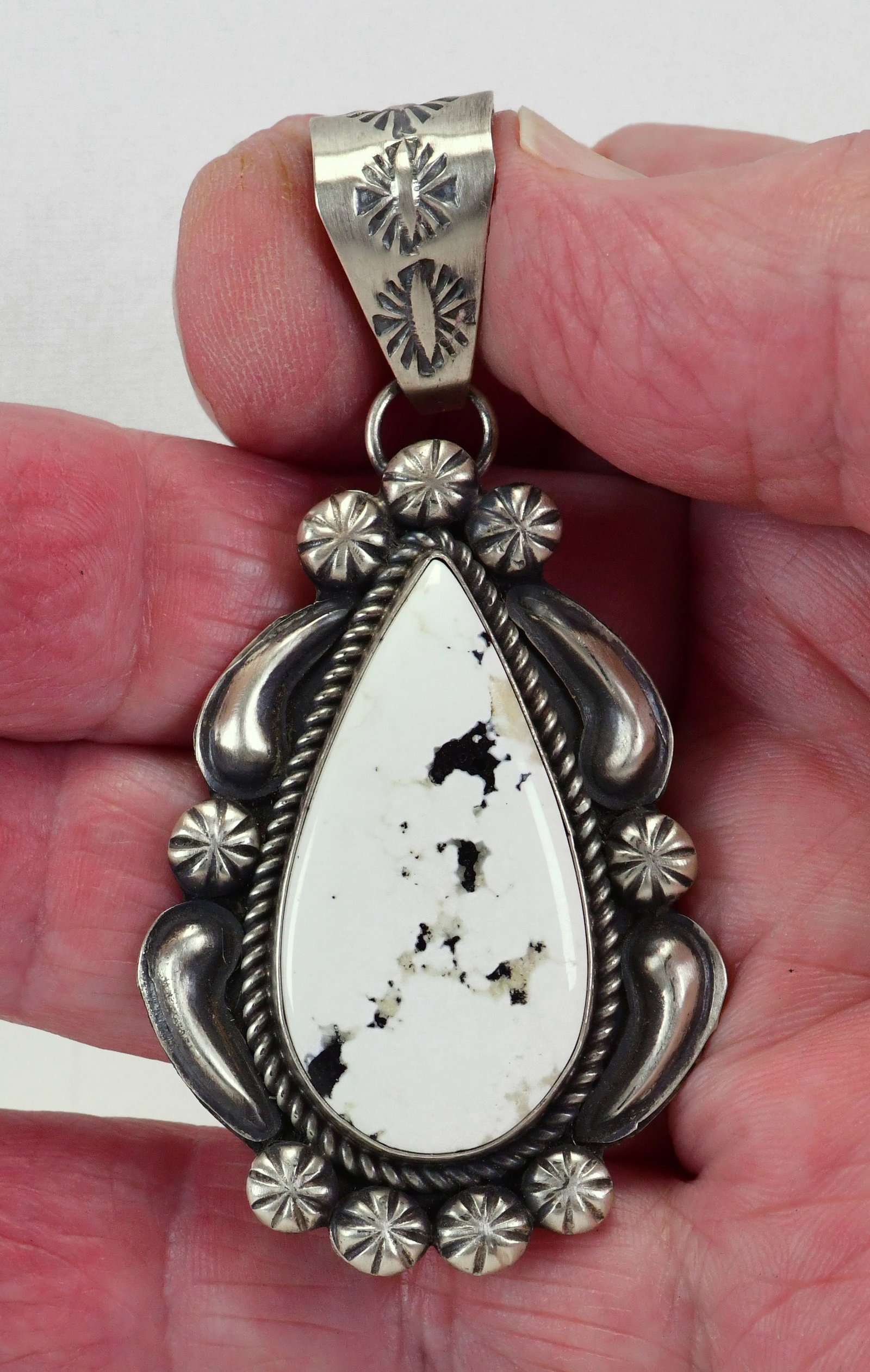 Jeff James Sterling Silver Large White Buffalo Turquoise Pendant: Pendant Only - Sterling Silver| Jeff James Sterling Silver Large White Buffalo Turquoise Pendant| Genuine White Buffalo Turquoise| Measures 3.25" Long x 1.5" Wide| Hallmarked "JJJ"| Weighs 23.6 Grams|