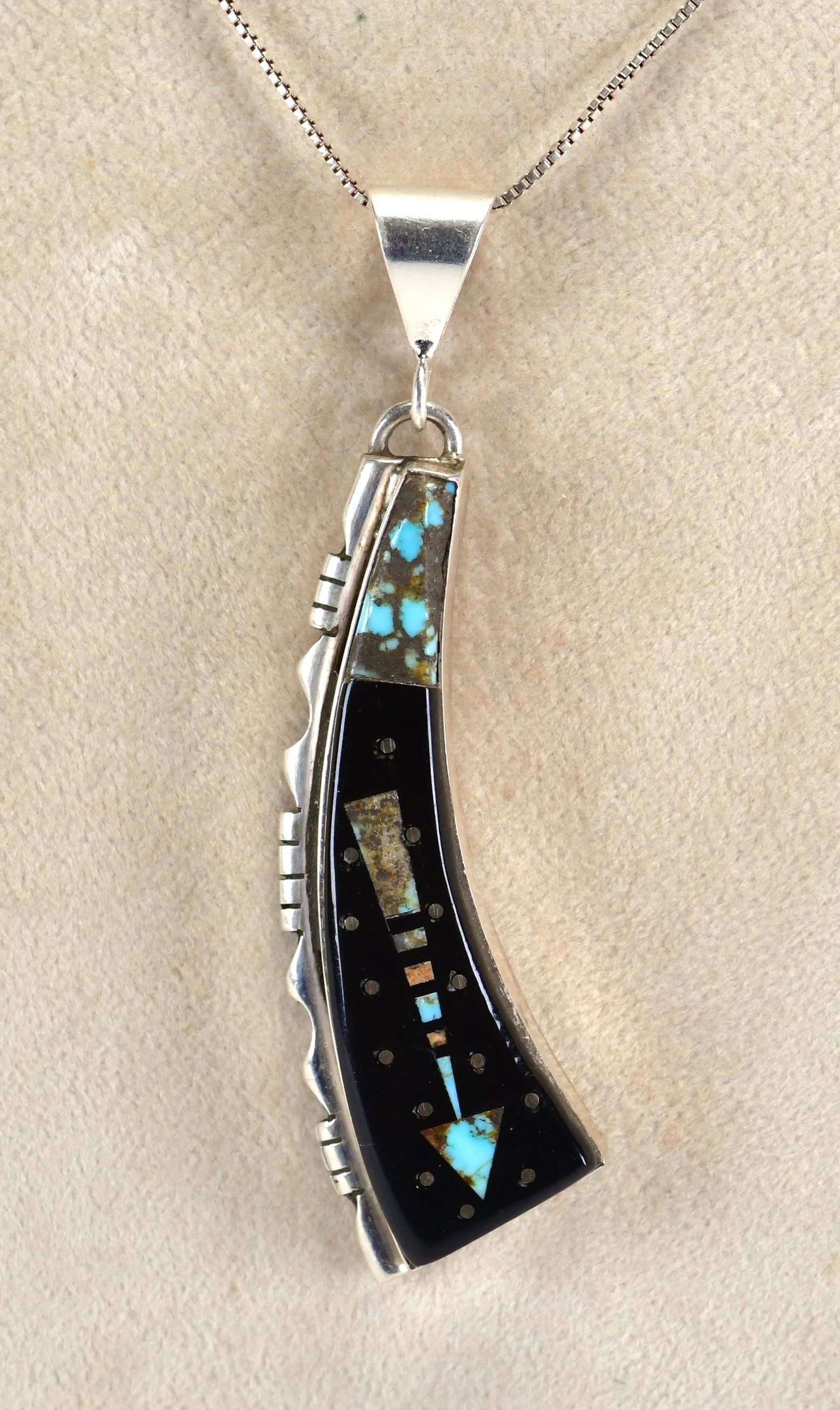 Ray Jack Sterling Silver Micro Inlay Multi-Stone Pendnant: Pendant Only - Sterling Silver| Ray Jack Sterling Silver Micro Inlay Multi Stone Pendant| Genuine Turquoise, Jet and Mother of Pearl| Measures 2.5" Long x 1/2" Wide| Signed| Weighs 8.6 Grams| Native A
