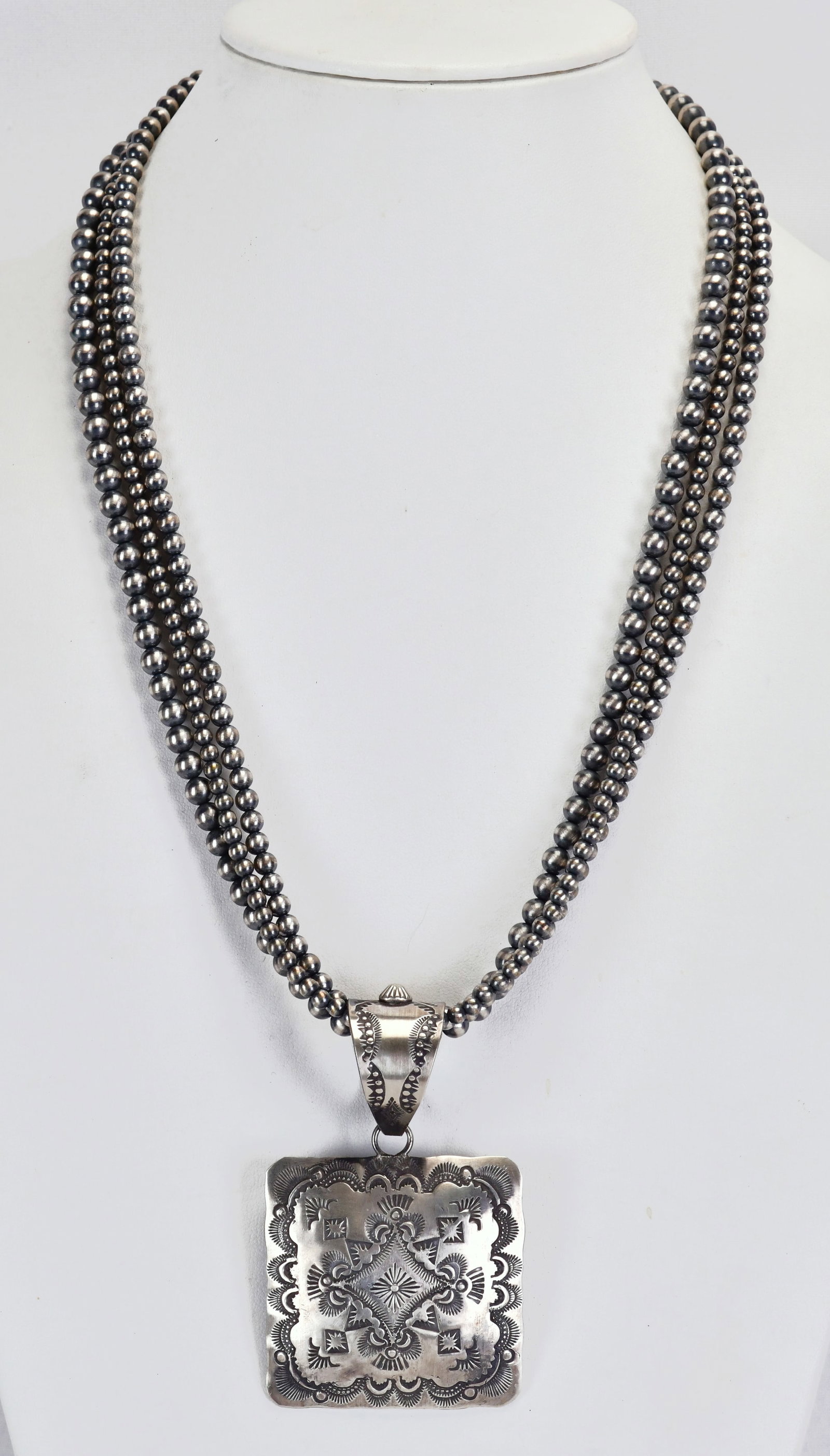 Vincent J. Platero Sterling Silver Stamped Pendant w/Bench Beads: Sterling Silver| Vincent J. Platero Sterling Silver Stamped Pendant with Bench Beads| Genuine Sterling Silver| Beads Measure 23+ Inches Long and are 3, 5 and 8 mm| Pendant Measures 3.5" Long x 2.25" W