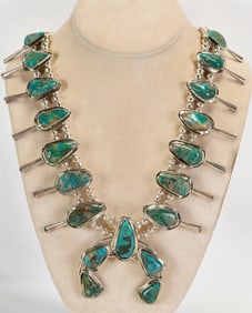 Navajo, Sterling Silver Pilot Mountain Turquoise Squash Blossom Necklace