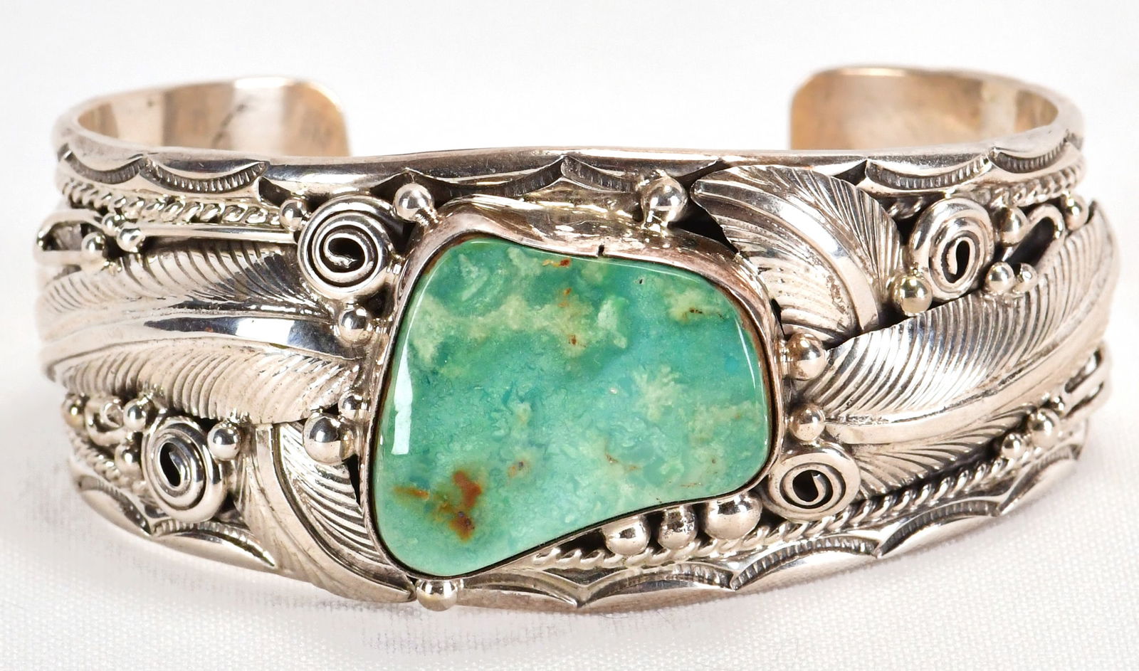 Navajo Sterling Silver Carico Lake Turquoise Ornate Feather Cuff (1 of 5)