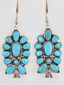 Jude Perry Sterling Silver Block Turquoise Large Squash Blossom Earrings