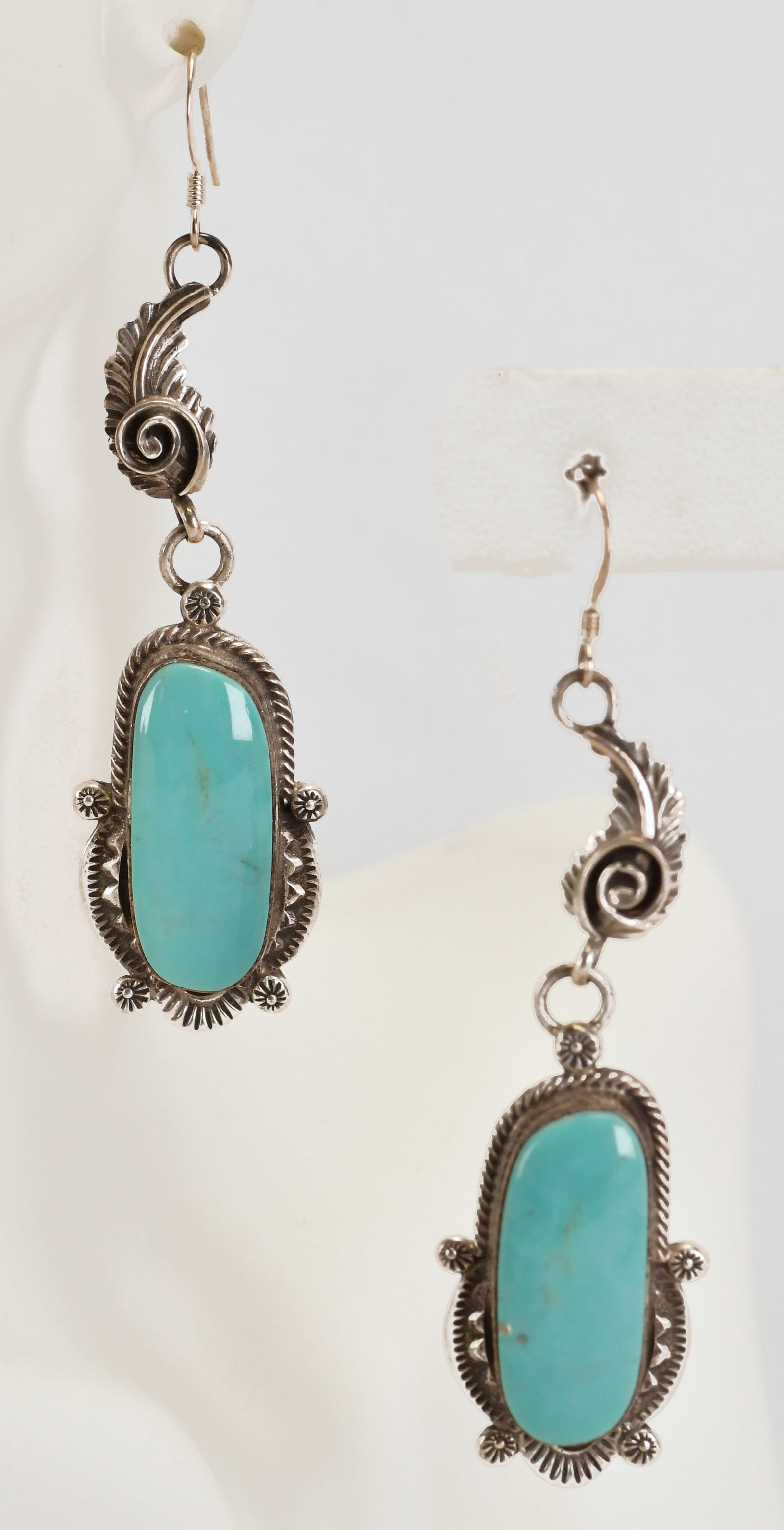 Native American Sterling Campitos Turquoise Feather Earrings: Sterling Silver| Native American Sterling Campitos Turquoise Feather Earrings| Genuine Campitos Turquoise| Measure 2.75" Long x 3/4" Wide| Hallmarked "W"| Weigh 15.8 Grams| Native American, Navajo, So
