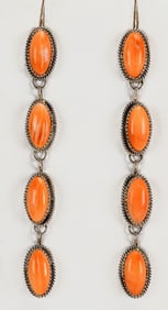 Native American Sterling Silver Long Spiny Oyster Earrings