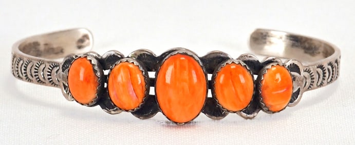 Russell Sam Sterling Silver Spiny Oyster 5 Stone Cuff Bracelet