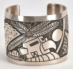Elaine Becenti Sterling Kachina, Eagle and Indian Story Teller Cuff