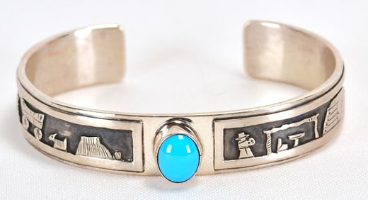 Navajo Sterling Silver Story Teller Cuff w/Sleeping Beauty Turquoise
