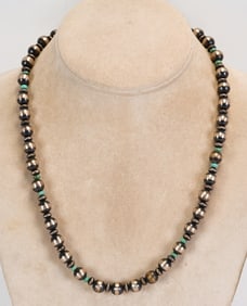 Navajo Sterling Silver Bench Bead Necklace w/Turquoise Spacers