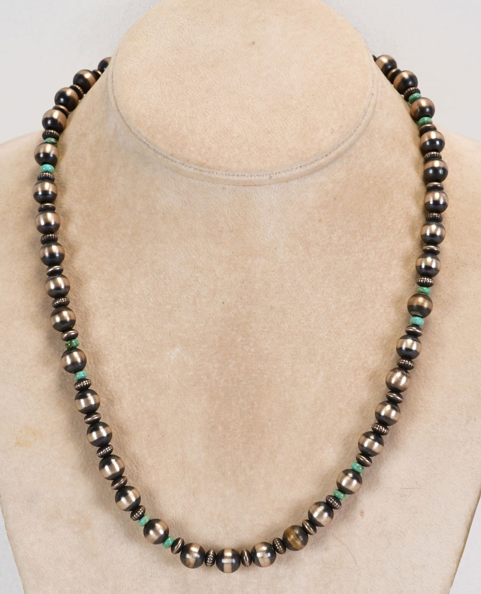 Navajo Sterling Silver Bench Bead Necklace w/Turquoise Spacers (1 of 3)