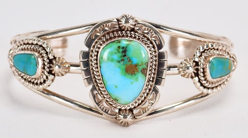 Navajo Sterling Silver Sonoran Gold Turquoise 3 Stone Cuff Bracelet