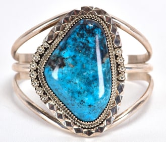Leslie Nez Sterling Silver Turquoise Mountain Turquoise Cuff Bracelet