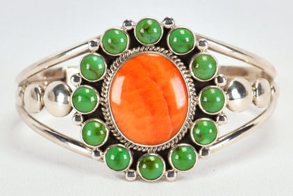 Navajo Sterling Silver Gaspeite and Spiny Oyster Cuff Bracelet