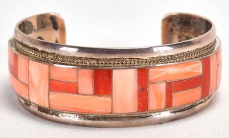 Rick & Glendora Booqua Sterling Silver Inlay Spiny Oyster Cuff