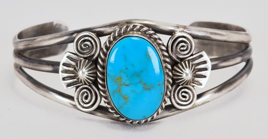 Native American Sterling Silver Kingman Turquoise Cuff Bracelet
