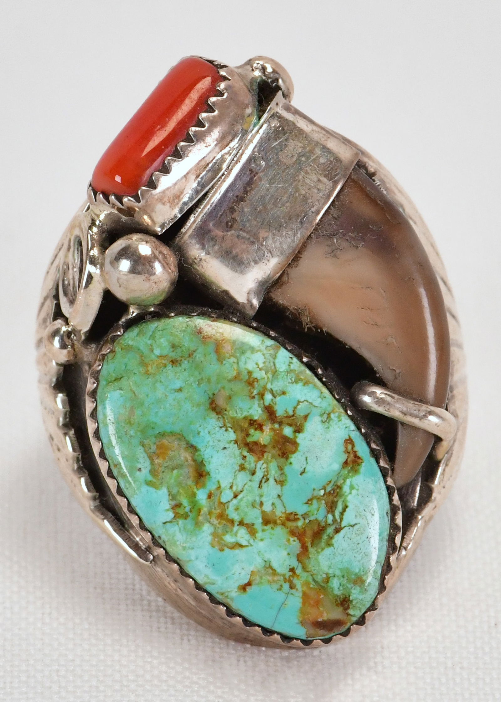 Mike Thomas, Jr. Sterling Number 8 Turquoise & Bear Claw Men's Ring (1 of 5)