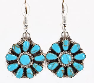 Navajo Sterling Silver Kingman Turquoise Cluster Drop Earrings