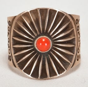 Native American Sterling Silver Tufa Cast Men's Ring w/Coral