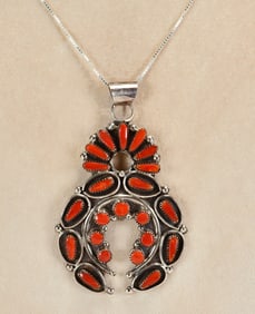 Zuni, Viola Bobelu Sterling  Mediterranean Coral Naja Pendant Necklace