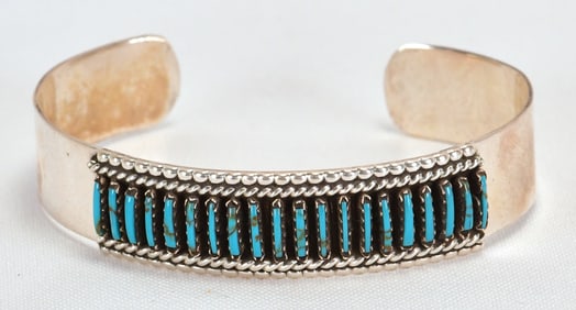 Tim Yazzie Sterling Silver Turquoise Needlepoint Cuff Bracelet