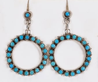Zuni, Sterling Silver Blue Gem Turquoise Snake Eye Earrings