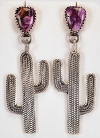 Native American Sterling Silver Spiny Oyster Cactus Earrings