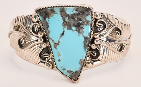 Navajo Sterling Silver Campitos Turquoise Bracelet w/Feather accents