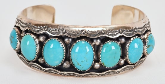Native American Sterling Silver Nevada Turquoise 7 Stone Cuff
