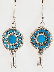 Zuni, Devin Quam Sterling Silver Turquoise Flush Inlay Earrings