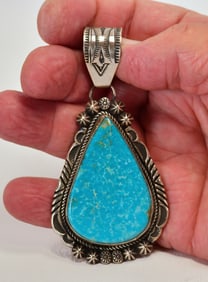 Navajo, Rick Wents Sterling Water Web Turquoise Large Pendant