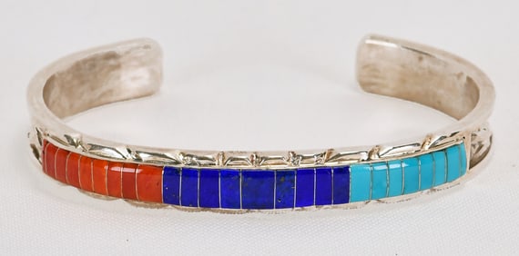 Zuni Sterling Silver Coral, Turquoise & Lapis Inlay Cuff Bracelet
