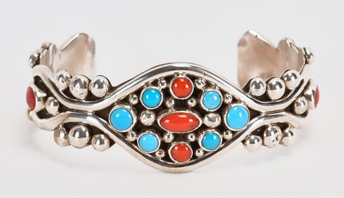 Native American Sterling Silver Sleeping Beauty Turquoise & Coral Cuff