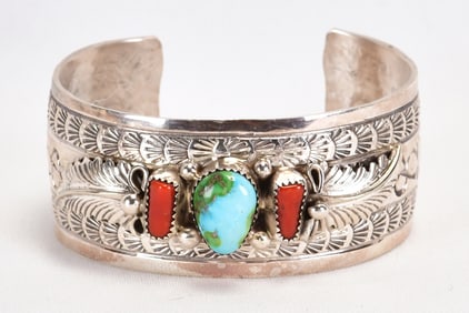 Mike Thomas, Jr. Sterling Sonoran Gold Turquoise & Coral Cuff Bracelet