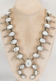 Navajo Sterling Silver White Buffalo Block Turquoise Squash Blossom Necklace Set