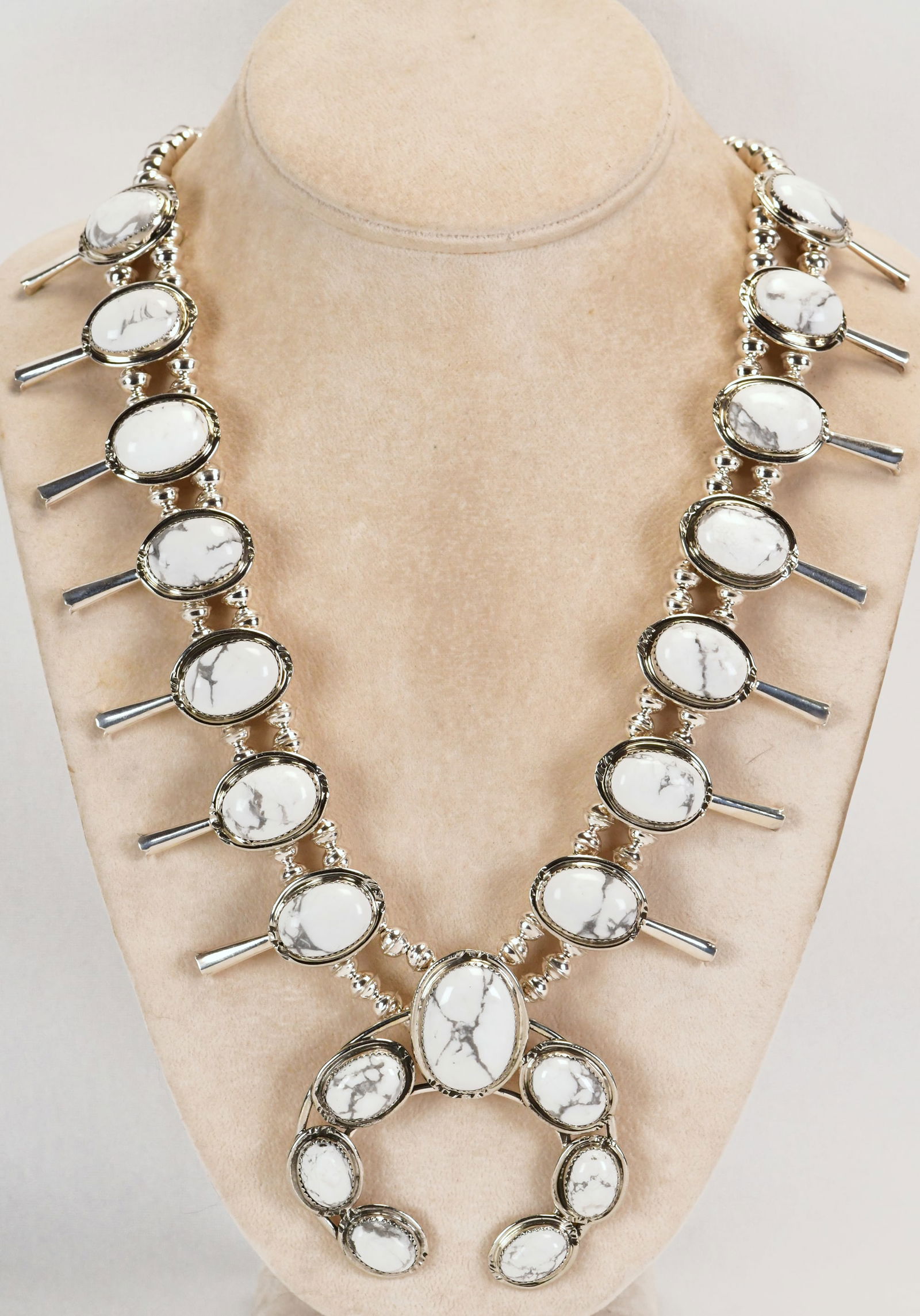 Navajo Sterling Silver White Buffalo Block Turquoise Squash Blossom Necklace Set (1 of 5)